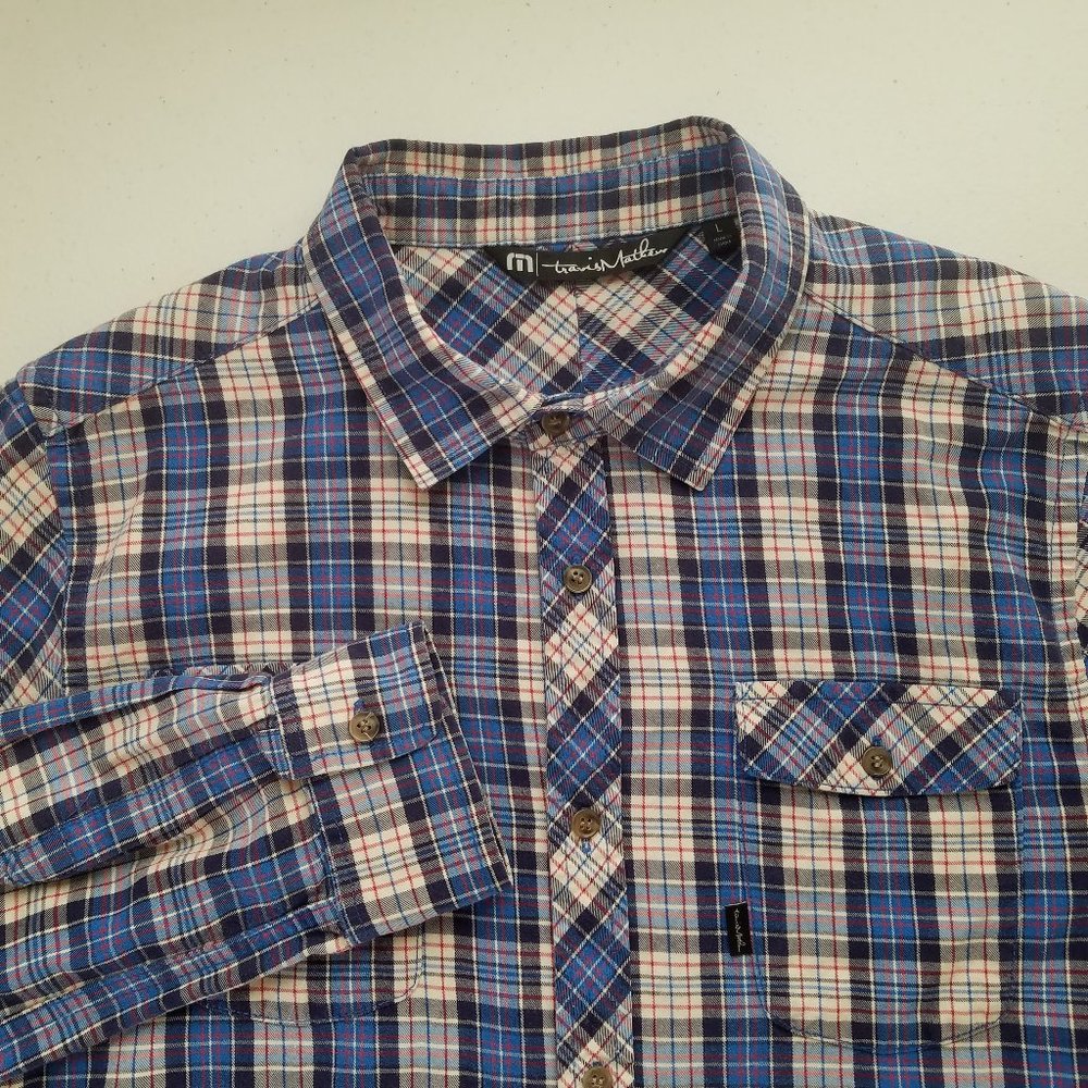 Travis Mathew Blue Plaid Button Front Long Sleeve Shirt Mens Size Large